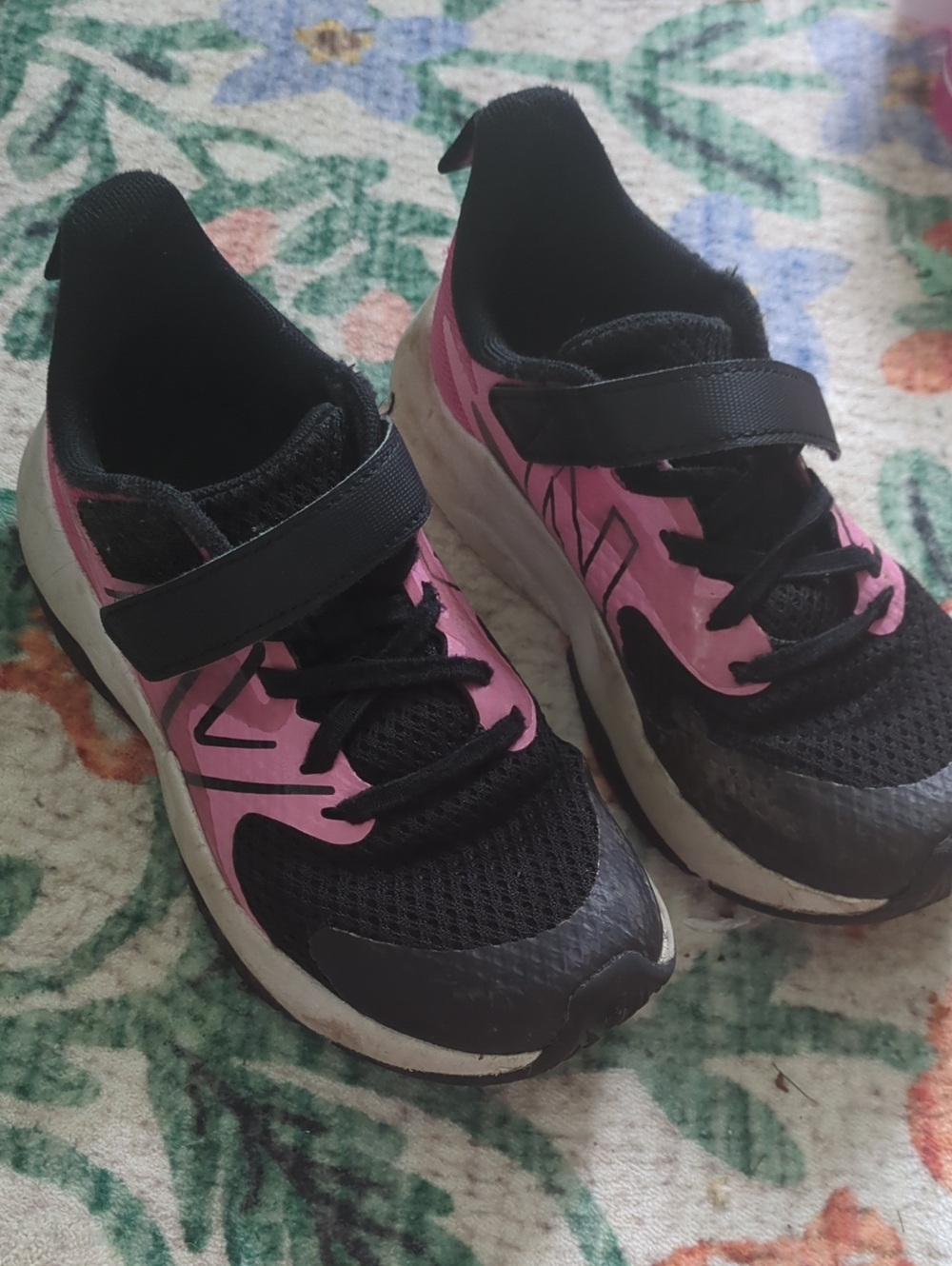 New Balance Kids Black and Pink Athletic Sneakers with Hook Strap